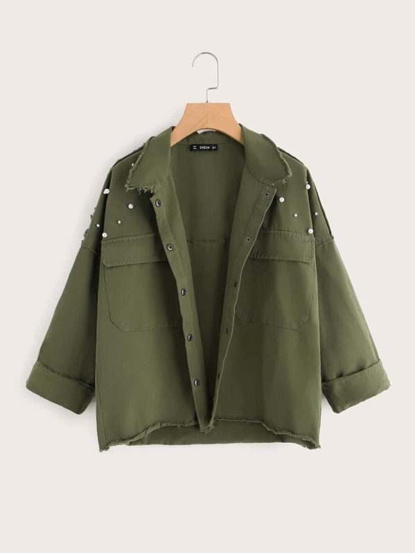 

Pearl Beaded Raw Cut Trim Military Jacket, Army green