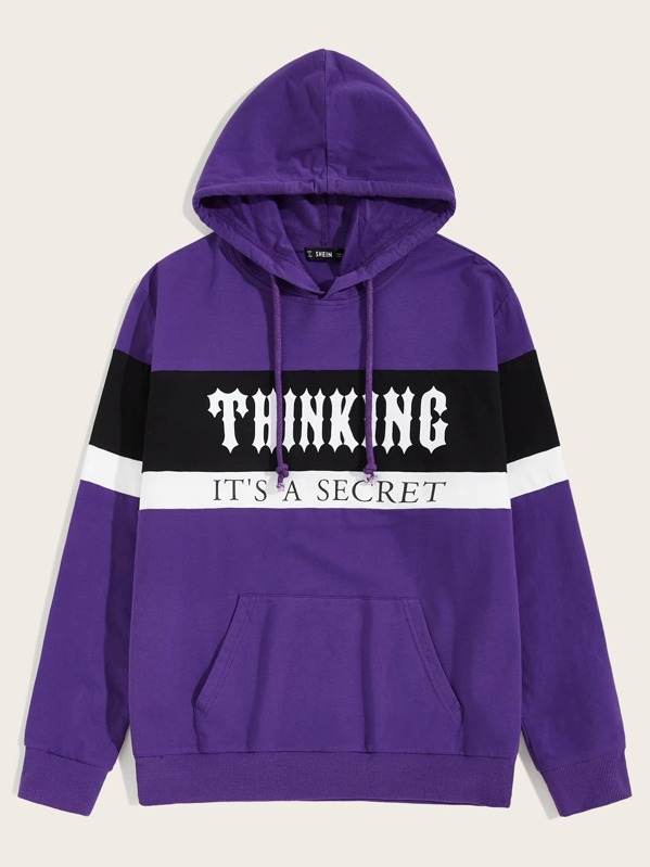 

Men Pocket Front Slogan Graphic Hoodie, Purple