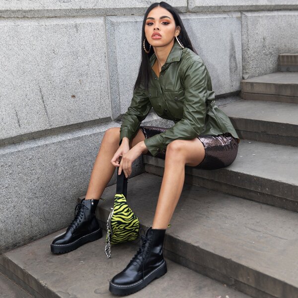 

Single Breasted Faux Leather Belted Utility Shirt, Army green