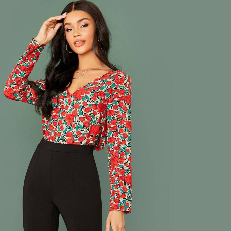 

V-Neck Floral Print Top, Multicolor