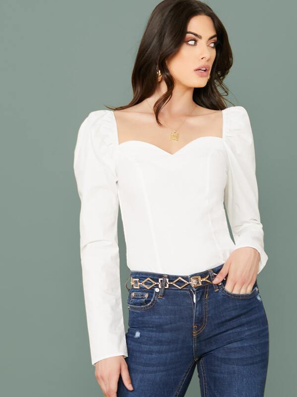 

Sweetheart Neck Shirred Back Gigot Sleeve Top, White, CHARLIE ROBERTSON