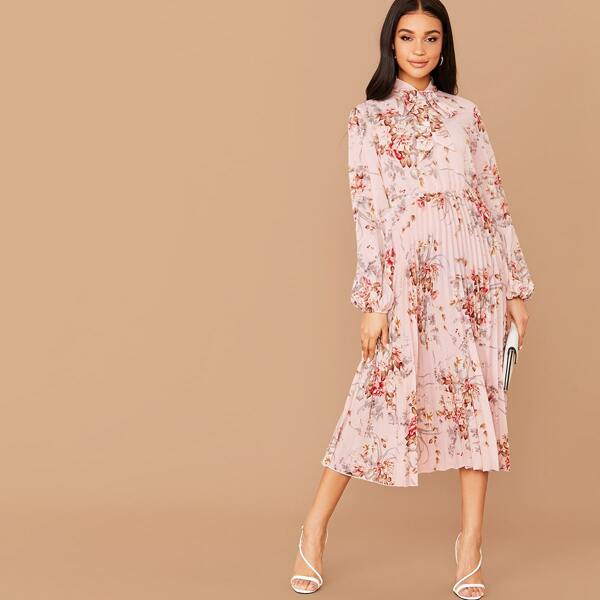 

Tie Neck Lantern Sleeve Floral Print Pleated Dress, Pastel baby pink