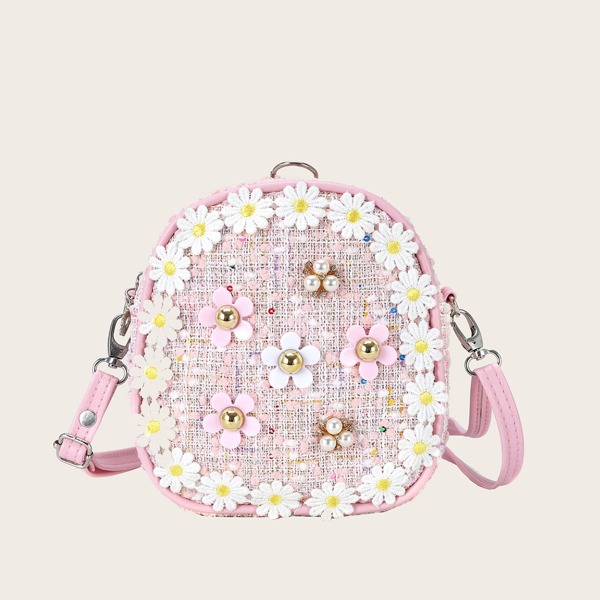 

Girls Floral Applique Beaded Crossbody Bag, Pink