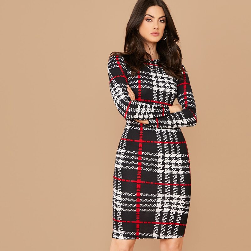 

Plaid Print Fitted Dress, Black