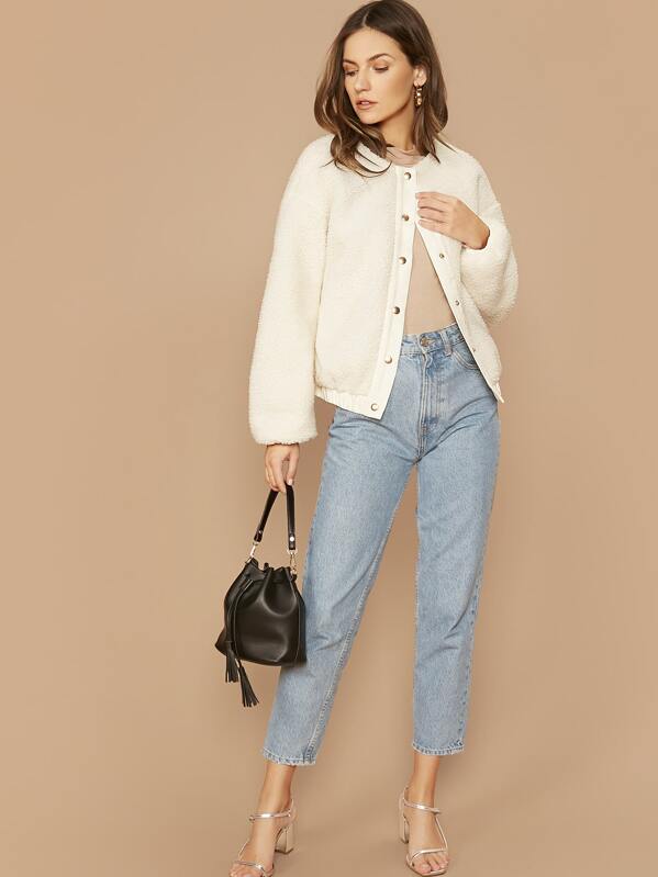 

Press Button Placket Teddy Jacket, Beige, Zorana