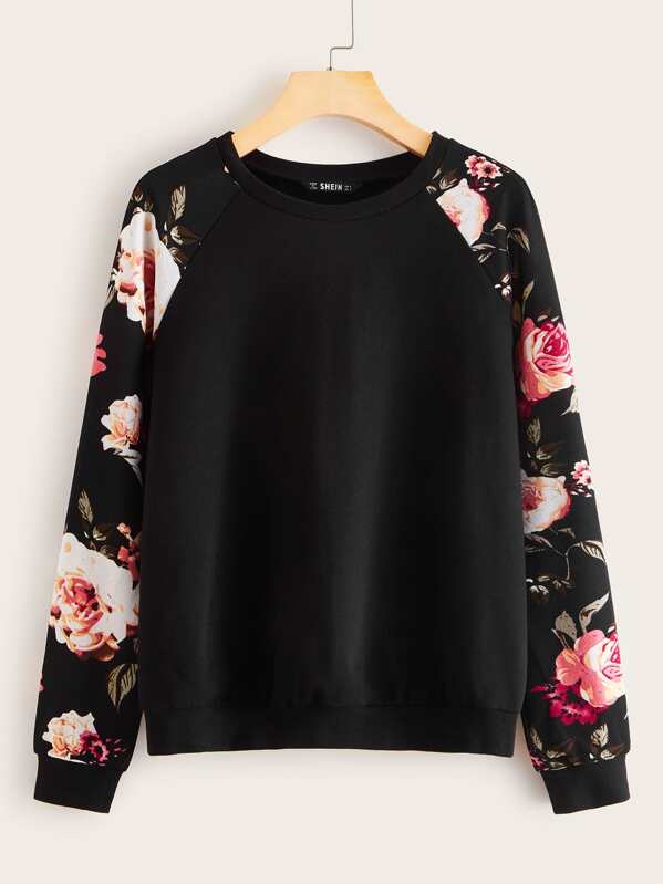 

Floral Print Raglan Sleeve Pullover, Black