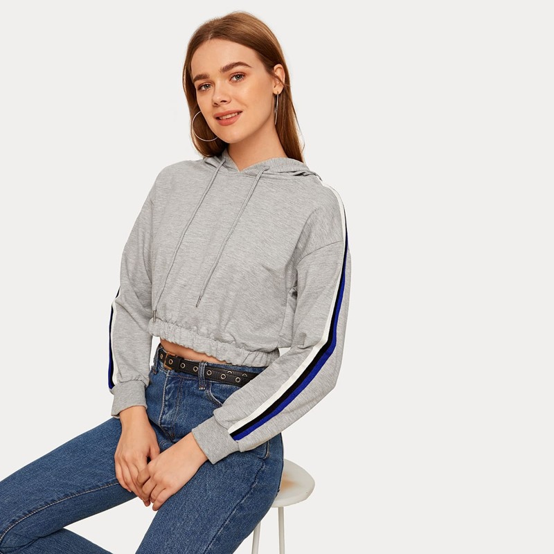 

Side Stripe Drawstring Crop Hoodie, Grey