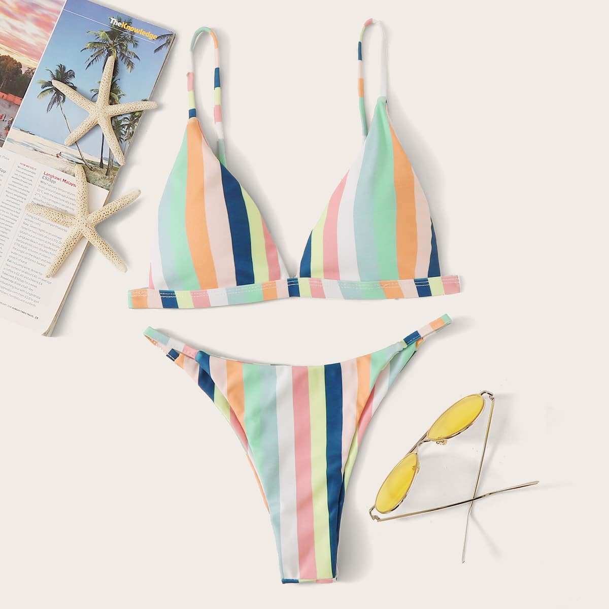 

Colorful Striped Triangle Bikini Set, Multicolor
