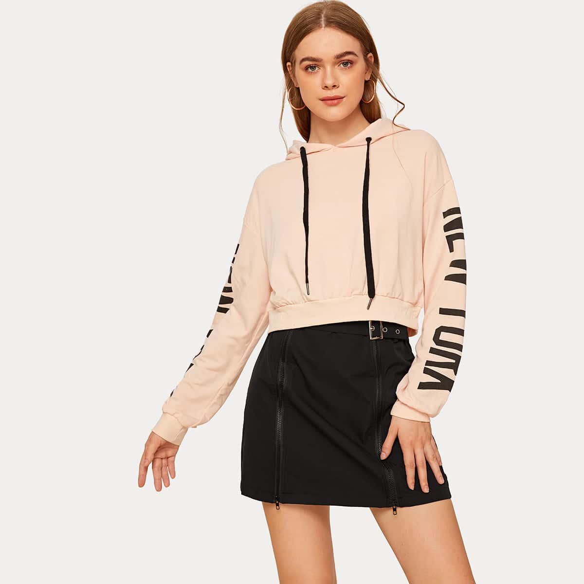 

Drop Shoulder Sleeve Letter Graphic Hoodie, Pink pastel