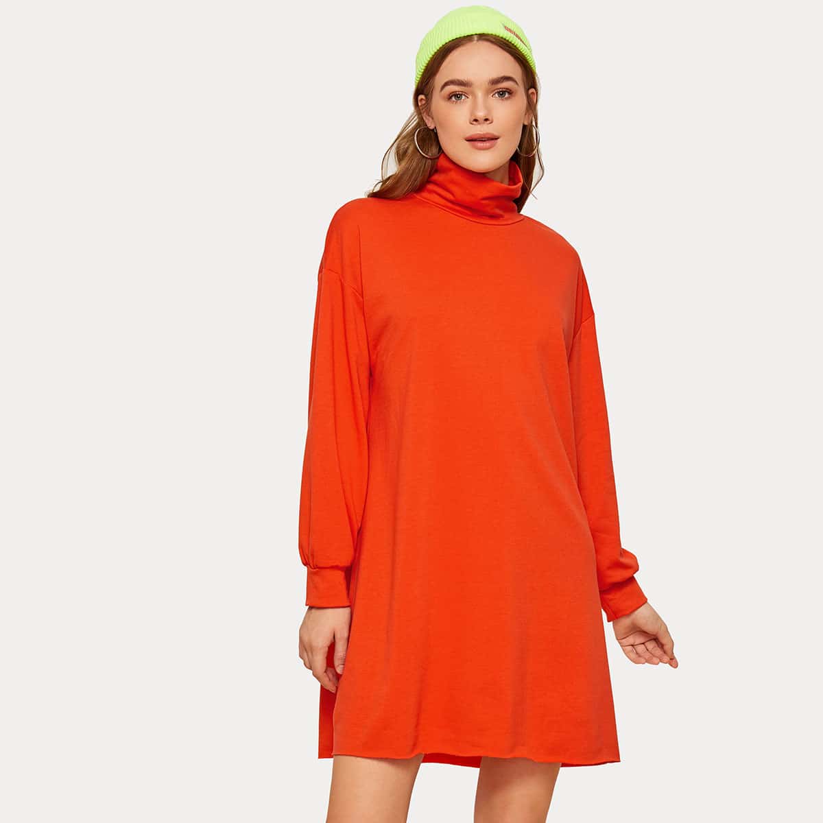 

Neon Orange High Neck Sweatshirt Dress, Orange bright