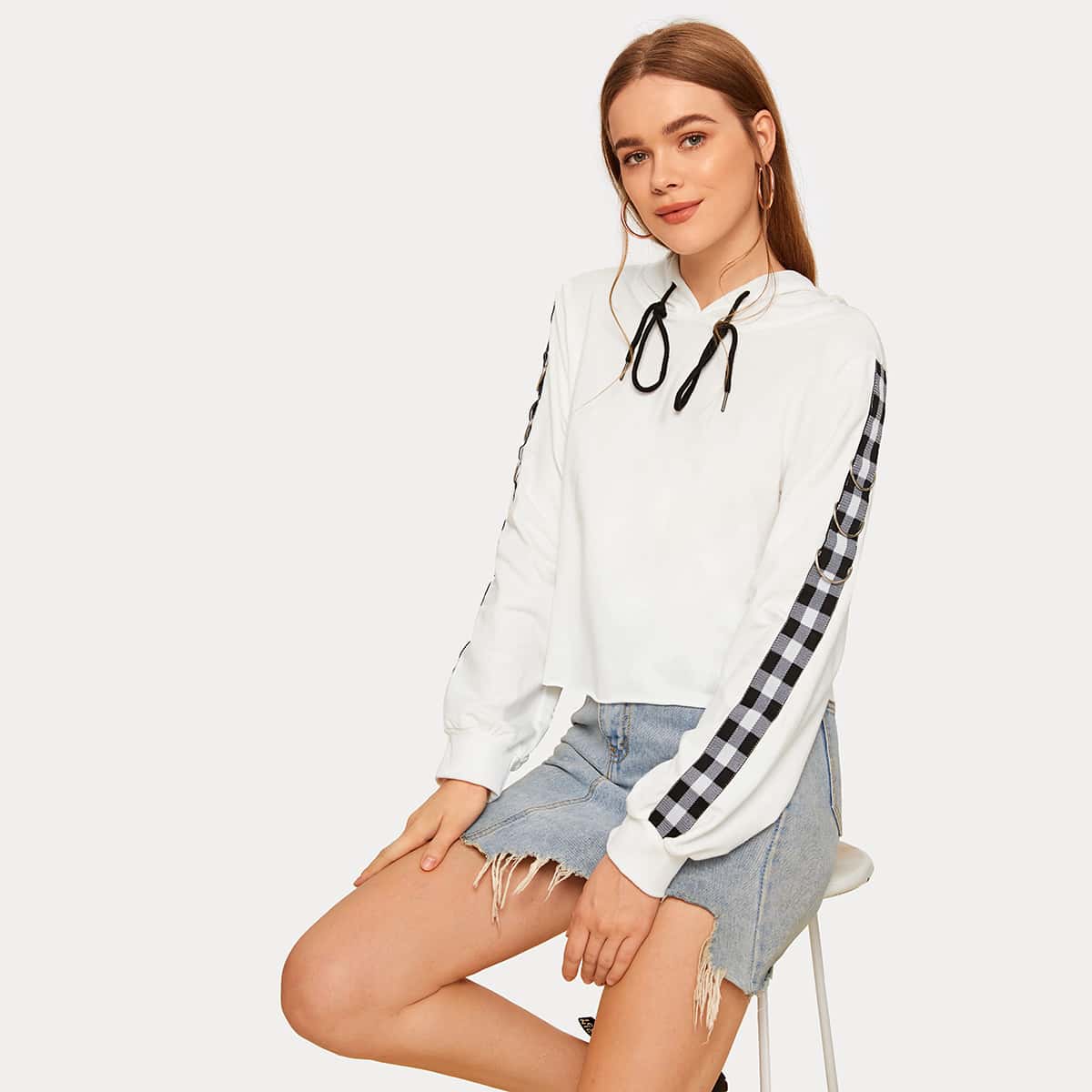 

Ring Detail Gingham Striped Side Drawstring Hoodie, White