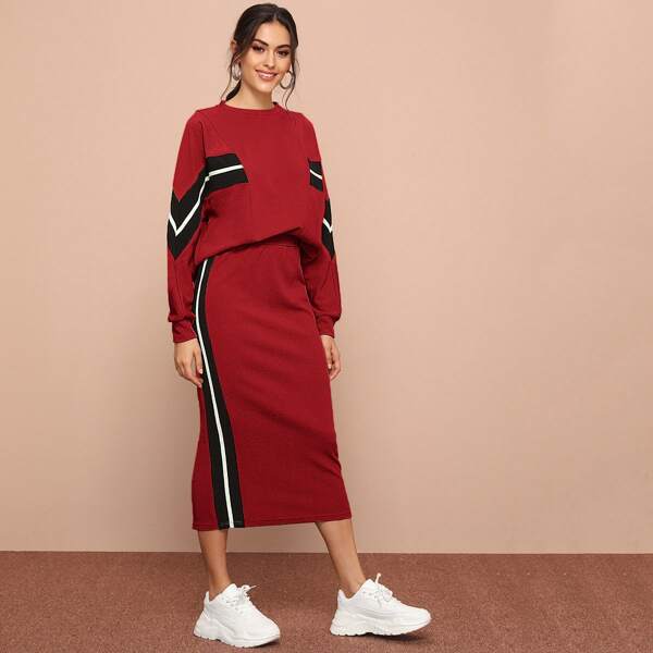 

Chevron Top and Contrast Sideseam Split Skirt Set, Red