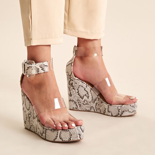 

Clear Strap Snakeskin Wedges, Multicolor