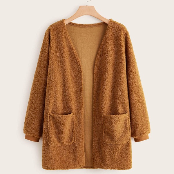

Plus Flap Pocket Open Front Teddy Coat, Brown