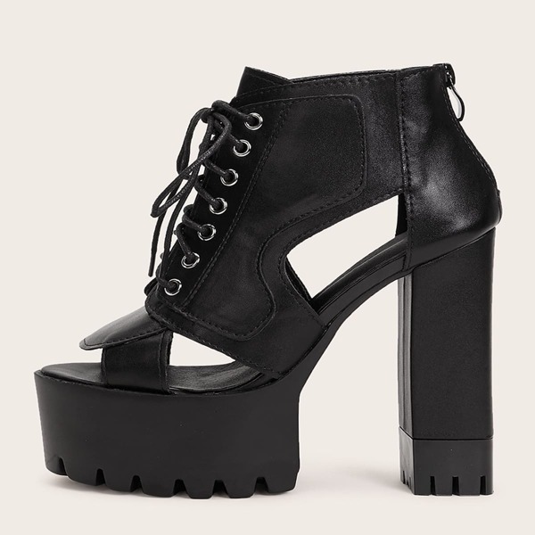 

Lace-up Front Open Toe Chunky Boots, Black