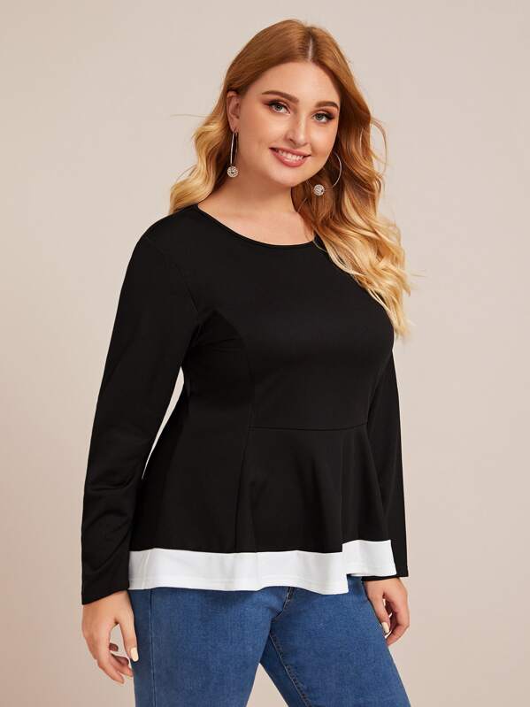 

Plus Contrast Panel Ruffle Hem Sweater, Black, Nora
