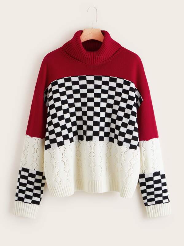 

Plus Funnel Collar Drop Shoulder Colorblock Sweater, Multicolor