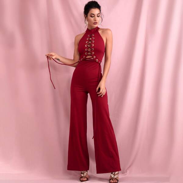 

LOVE&LEMONADE Eyelet Lace Up Halterneck Backless Jumpsuit, Burgundy