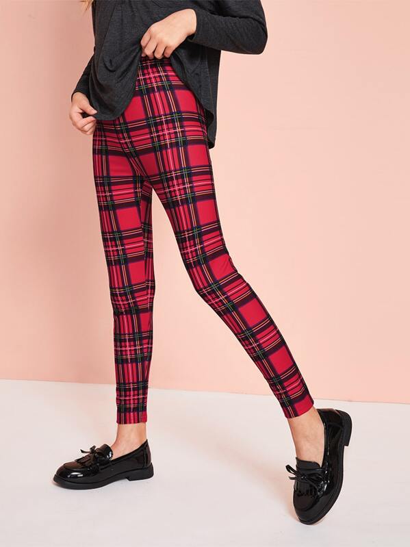 

Girls Tartan Print Leggings, Red, Sashab