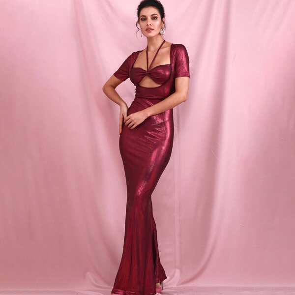 

Halterneck Metallic Peekaboo Prom Dress, Burgundy