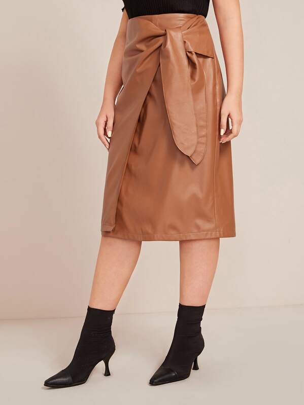 

Plus Zip Back Knot PU Wrap Skirt, Camel, Nora