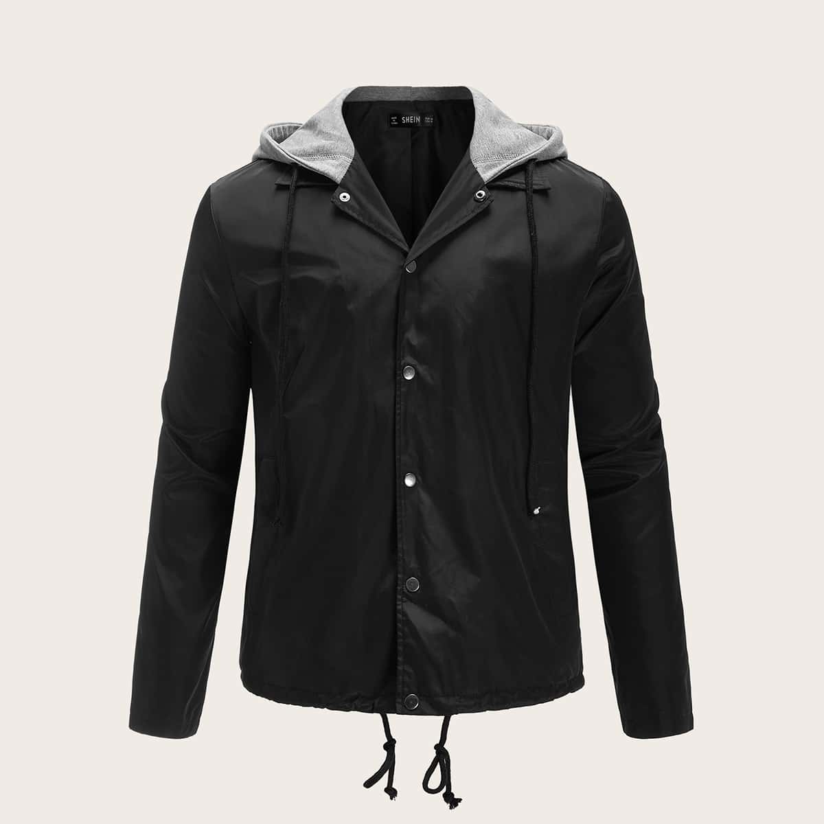 

Guys Drawstring Detail Windbreaker Jacket With Contrast Hood, Black