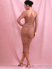 LOVE&LEMONADE 雞心領抽褶網紗包臀連衣裙 - 杏色 - 查看 2