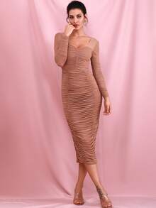 LOVE&LEMONADE 雞心領抽褶網紗包臀連衣裙 - 杏色 - 查看 4