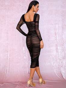 LOVE&LEMONADE vestido ajustado con malla fruncido de sweetheart - Negro - Ver 2
