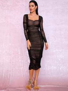 LOVE&LEMONADE vestido ajustado con malla fruncido de sweetheart - Negro - Ver 4