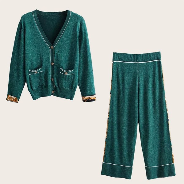 

Contrast Trim Pocket Cardigan & Sweater Pants, Green