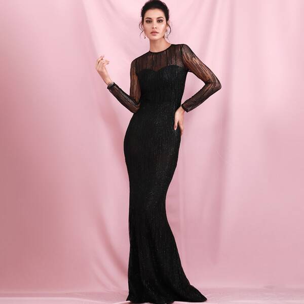 

Sheer Mesh Yoke Glitter Mermaid Prom Dress, Black