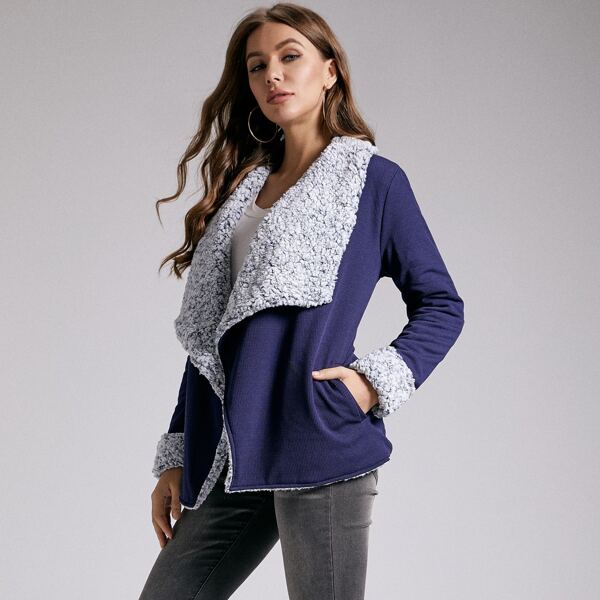 

SBetro Contrast Teddy Waterfall Collar Open Front Coat, Multicolor