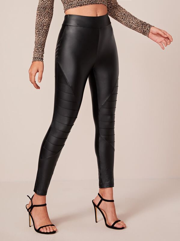 

Wide Waistband Paneled PU Skinny Pants, Black, Luiza