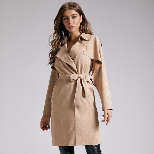 

SBetro Waterfall Belted Suede Trench Coat, Khaki