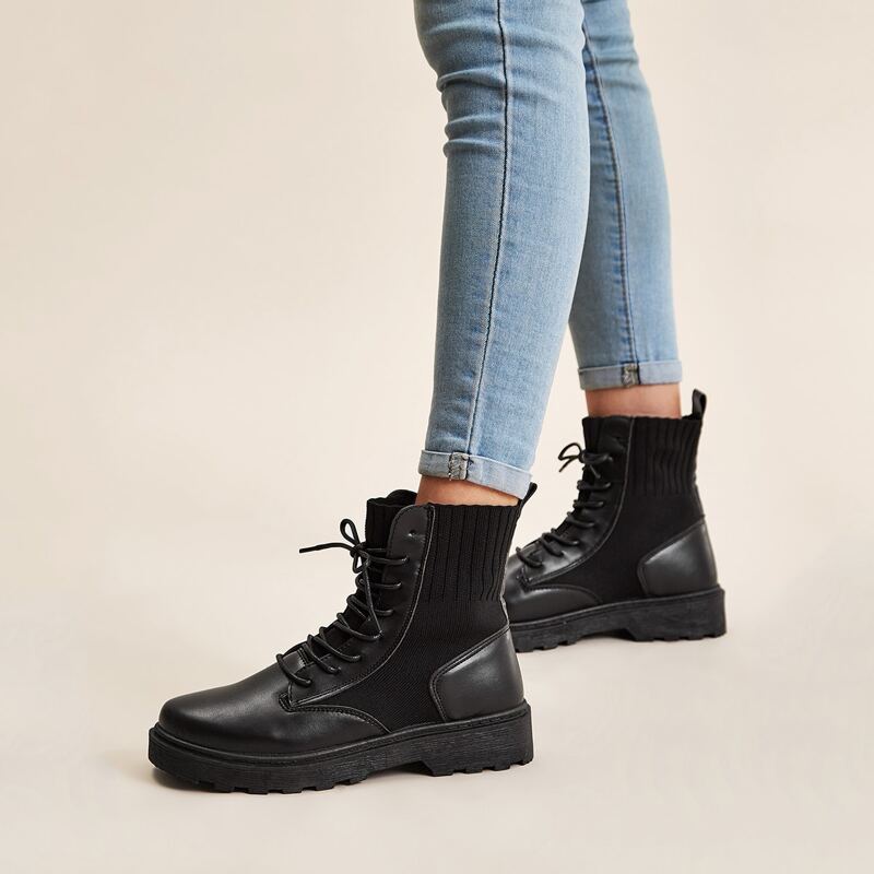 

Lace-up Front Knit Panel Combat Boots, Black