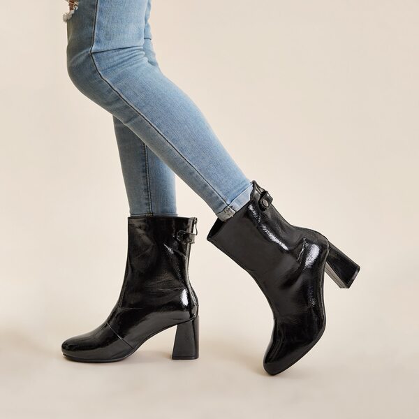 

Patent Point Toe Zip Back Chunky Boots, Black