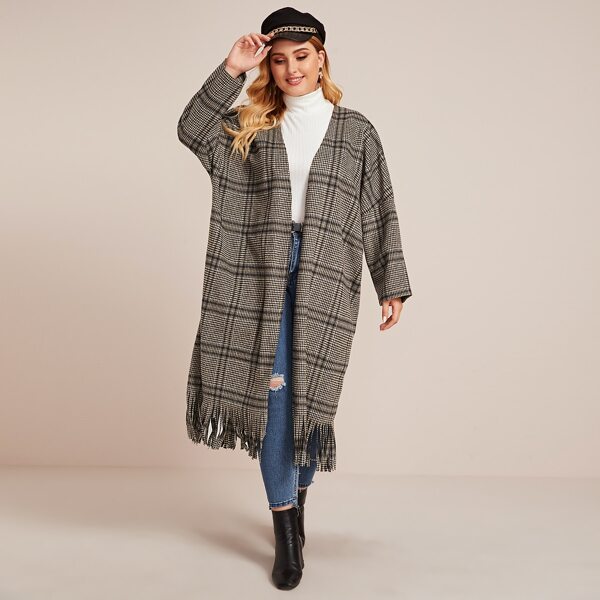 

Plus Fringe Hem Open Front Plaid Coat, Multicolor