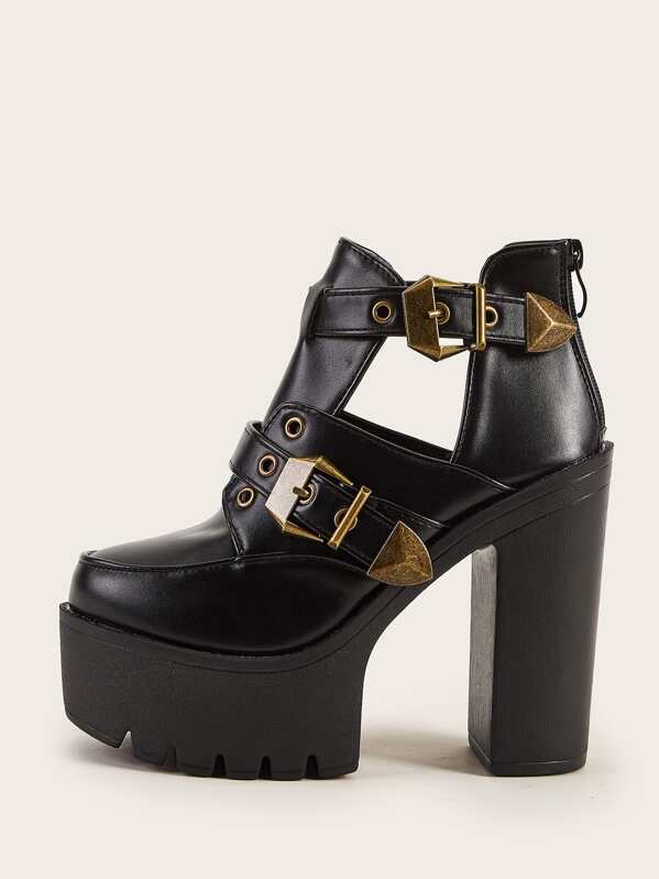 

Buckle Decor Zip Back Chunky Boots, Black