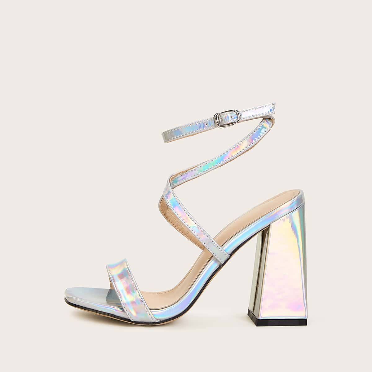 

Holographic Cross Strap Chunky Heels, Silver