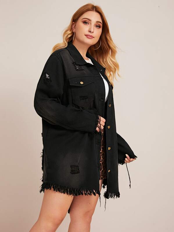 

Plus Ripped Back Raw Hem Denim Coat, Black, Nora