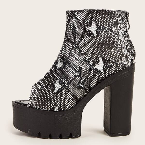 

Snakeskin Print Open Toe Chunky Boots, Black and white
