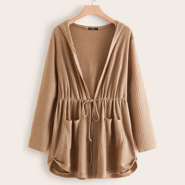 

Plus Drawstring Waist Pocket Front Hooded Rib-knit Coat, Khaki