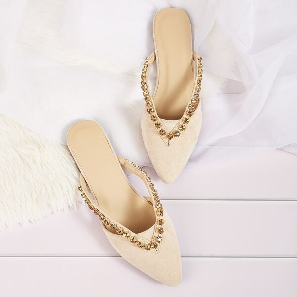 

Rhinestone Decor Point Toe Flat Mules, Apricot