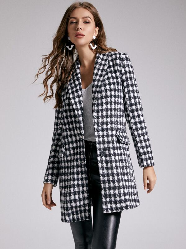 

SBetro Single Breasted Shawl Collar Gingham Overcoat, Black and white