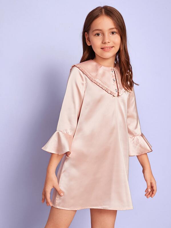 

Girls Buttoned Half Placket Foldover Satin Dress, Pink, Alice A