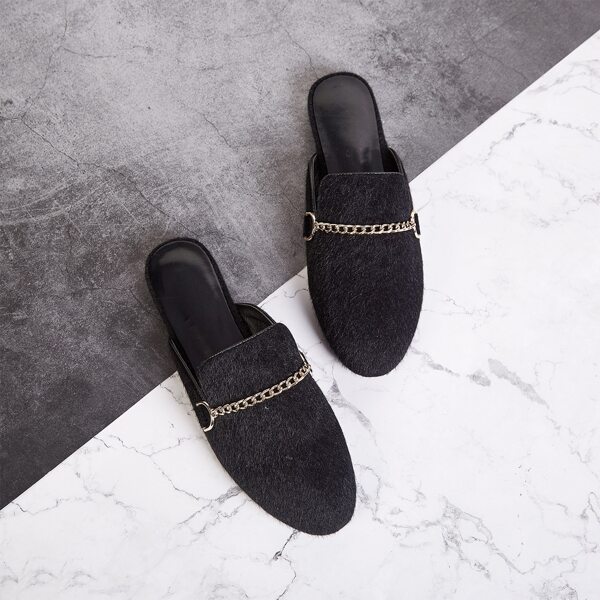 

Chain Decor Fuzzy Flat Mules, Black