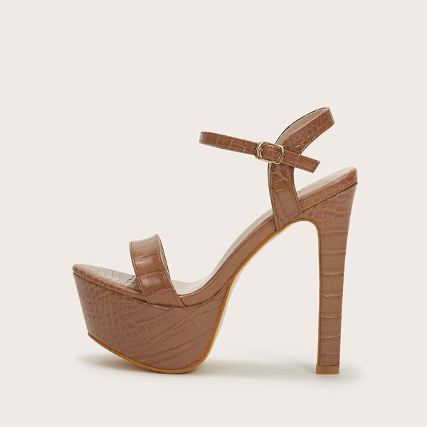 

Croc Embossed Ankle Strap Stiletto Heels, Brown