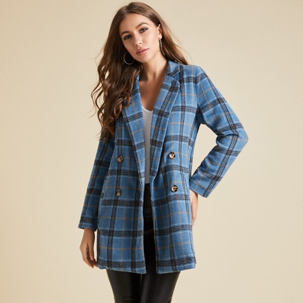 

Notched Collar Double Button Plaid Coat, Blue