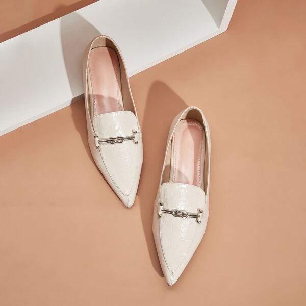 

Point Toe Metal Decor Croc Flat Loafers, White